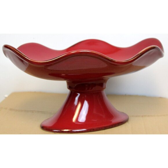 Southern Living Cinnabar Footed Serving Bowl Red Stoneware Pedestal Ruffled Edge - Picture 5 of 9